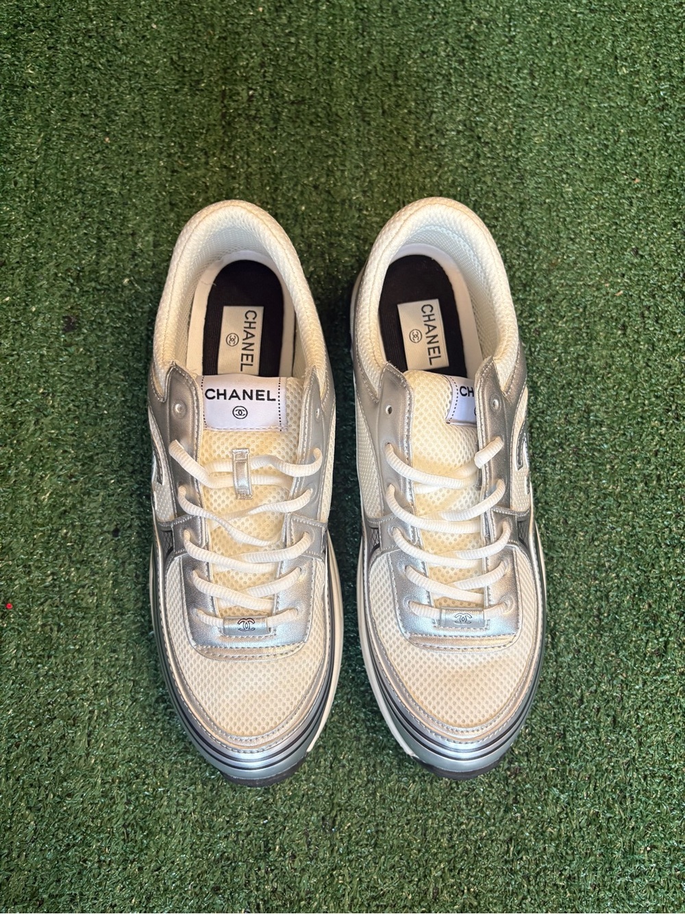 CHANEL White and Silver Men's Low-Top Sneakers Mens Size 11